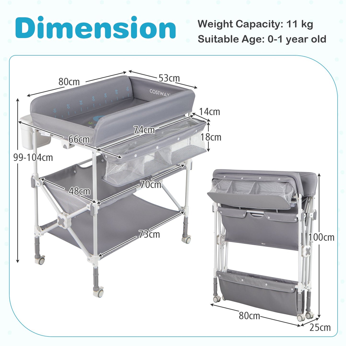 Foldable Baby Changing Table with Wheels and Adjustable Height-Grey