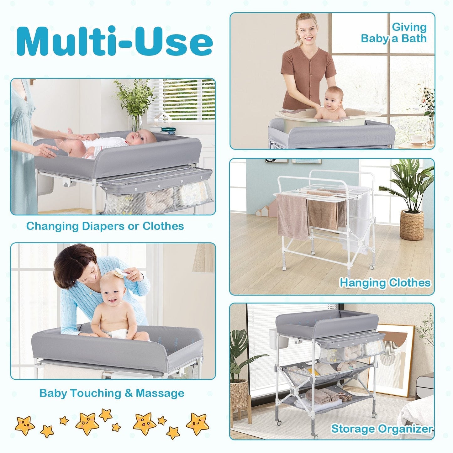 Foldable Baby Changing Table with Wheels and Adjustable Height-Grey