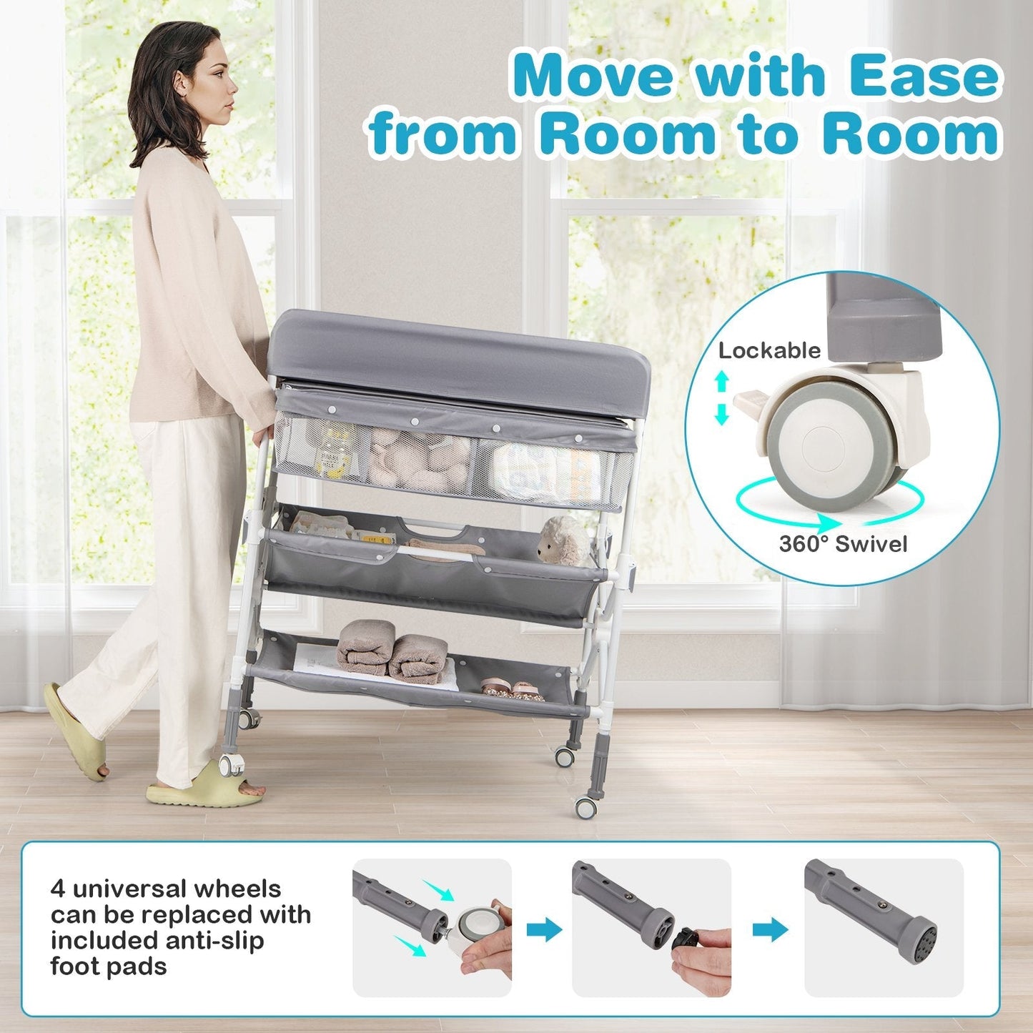 Foldable Baby Changing Table with Wheels and Adjustable Height-Grey