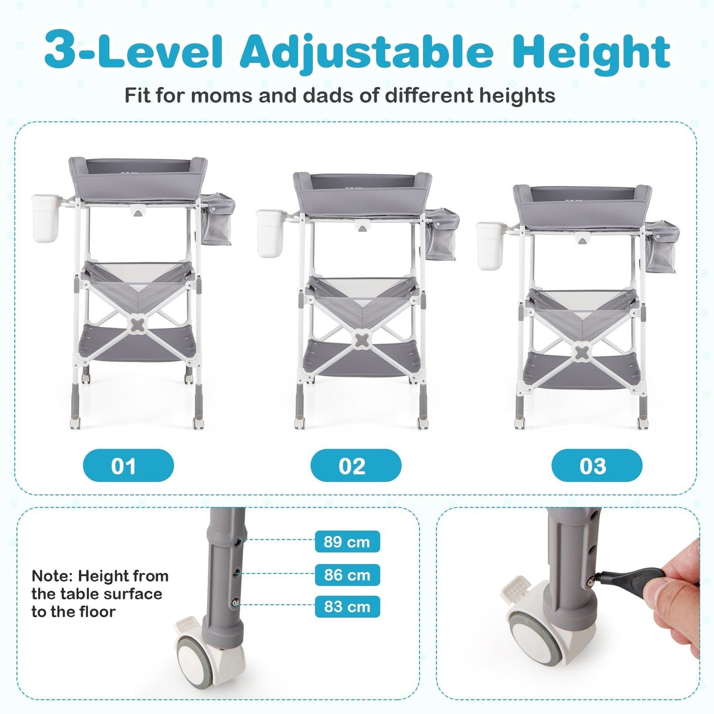 Foldable Baby Changing Table with Wheels and Adjustable Height-Grey