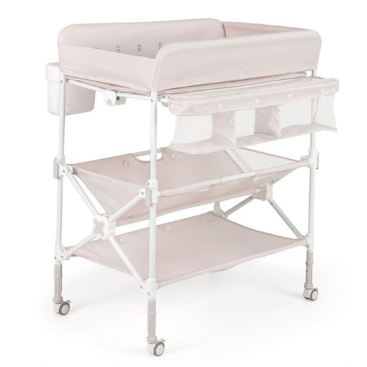 Portable Foldable Waterproof Diaper Changing Table with Wheels-Beige