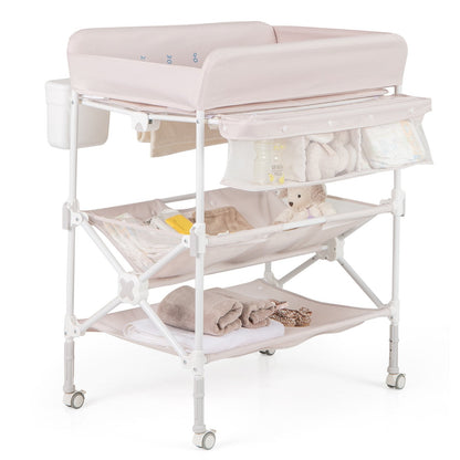 Foldable Baby Changing Table with Wheels and Adjustable Height-Light Pink