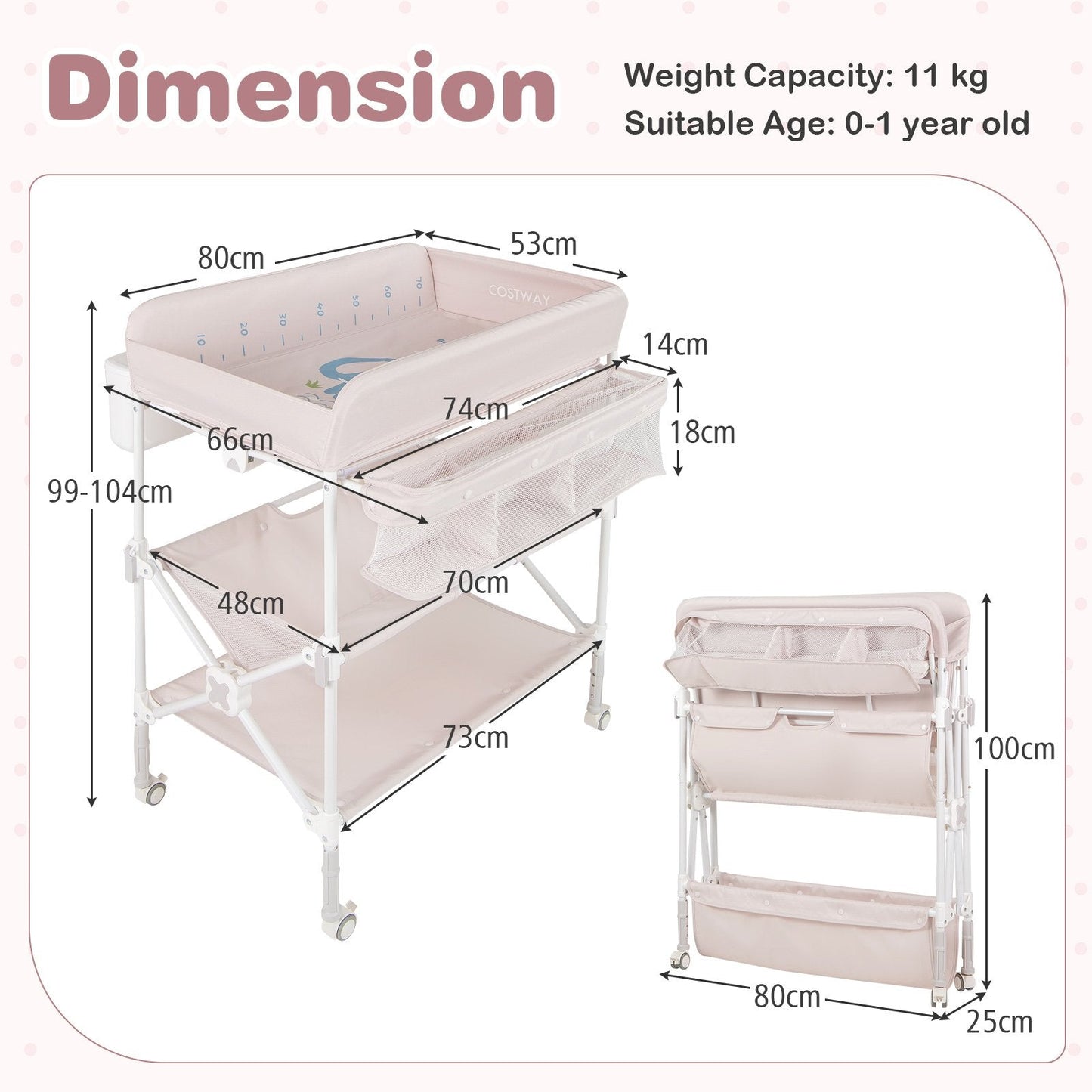 Foldable Baby Changing Table with Wheels and Adjustable Height-Light Pink