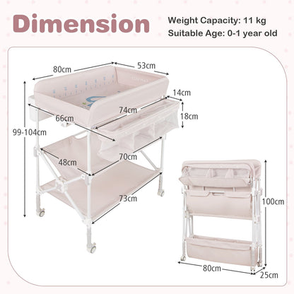 Foldable Baby Changing Table with Wheels and Adjustable Height-Light Pink