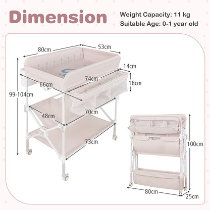 Foldable Baby Changing Table with Wheels and Adjustable Height-Light Pink