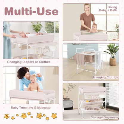 Portable Foldable Waterproof Diaper Changing Table with Wheels-Beige