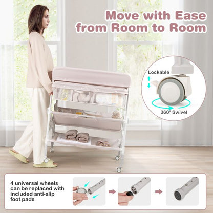 Portable Foldable Waterproof Diaper Changing Table with Wheels-Beige