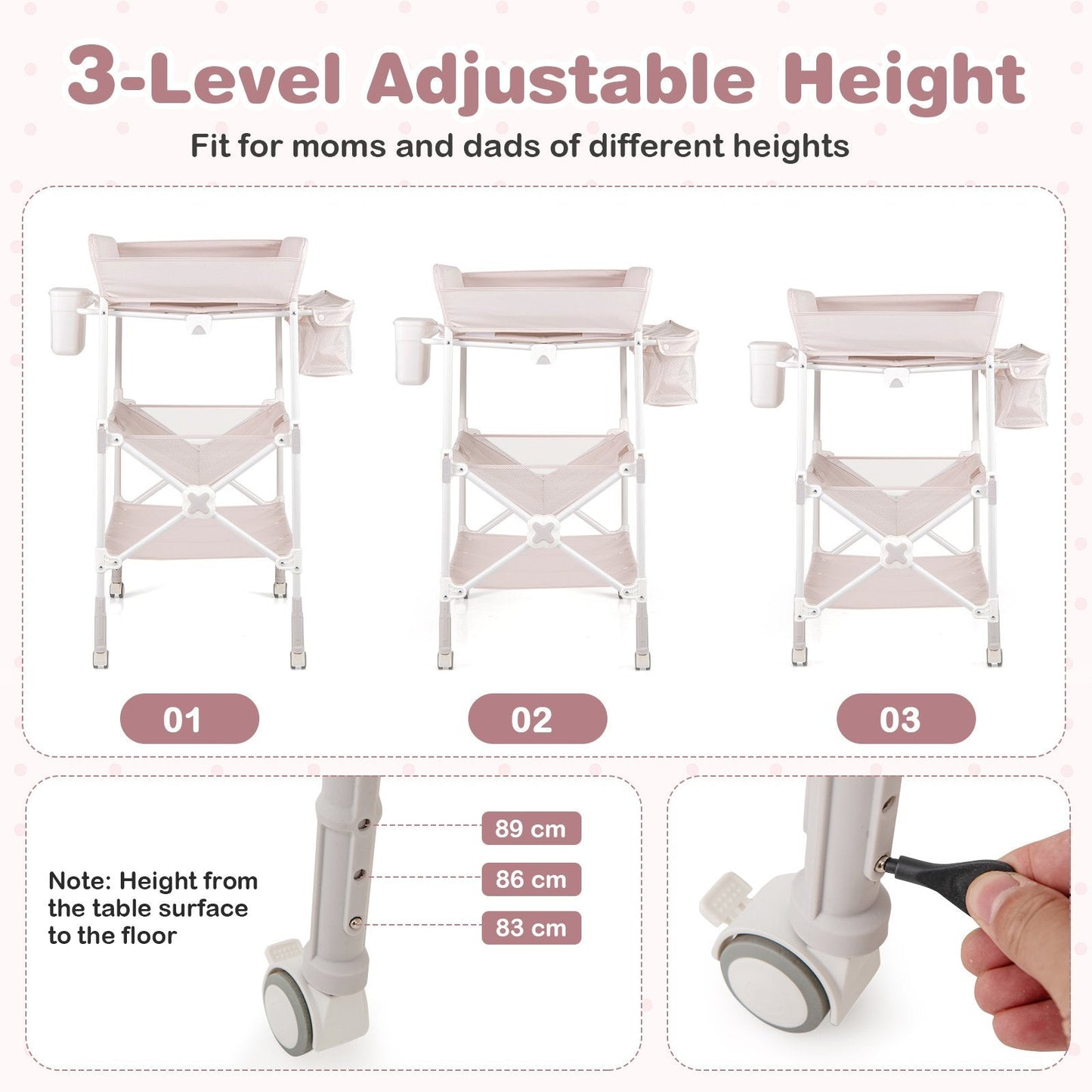Foldable Baby Changing Table with Wheels and Adjustable Height-Light Pink