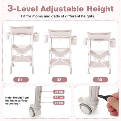 Foldable Baby Changing Table with Wheels and Adjustable Height-Light Pink
