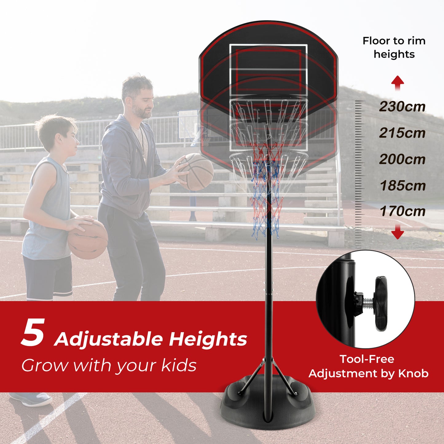 1.67 m-2.28 m Portable Basketball Hoop System with Anti-Rust Stand