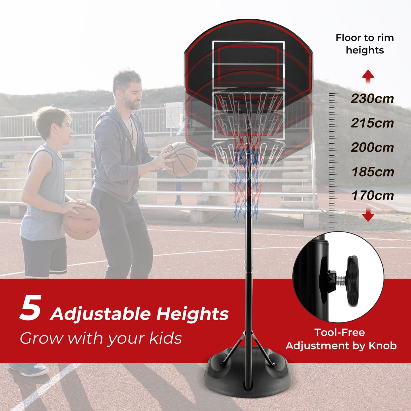1.67 m-2.28 m Portable Basketball Hoop System with  Anti-Rust Stand