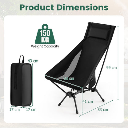 Portable Camping Chair High Back Ultra-Lightweight Foldable Backpacking Chair-Black