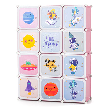 Portable Children Wardrobe with 12 Cubes and 2 Clothes Hanging Section-Pink