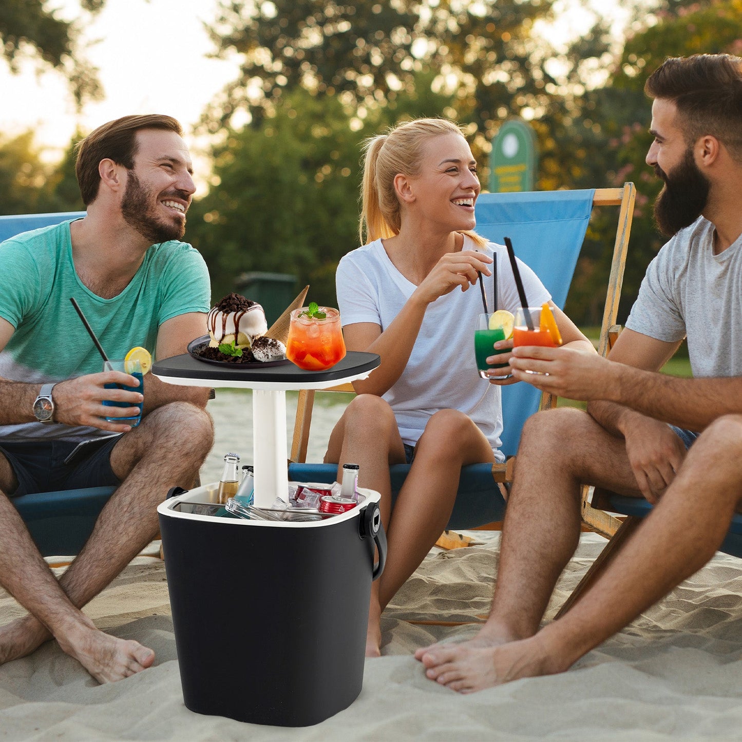 Portable Cooler Side Table with Handle and Bottle Opener-Black