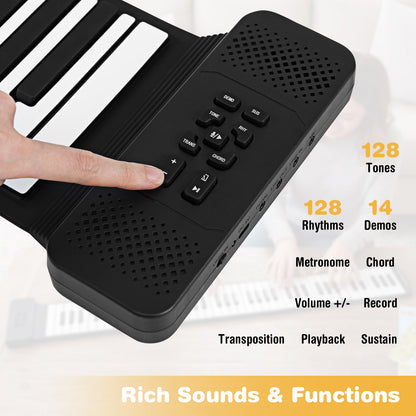 Portable Hand Roll Piano Keyboard with 128 Rhythms-Black
