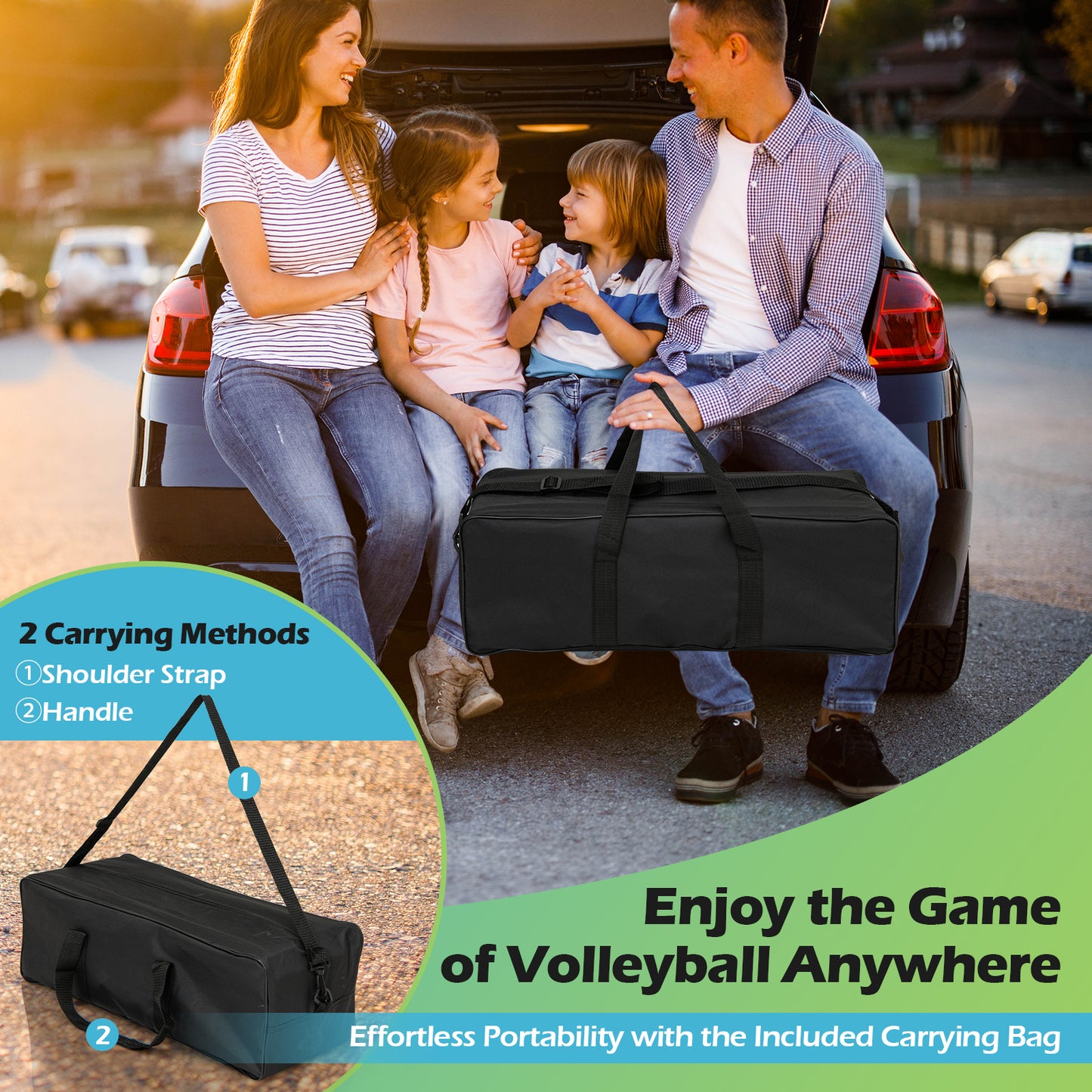 Portable Outdoor Volleyball Net Set Heavy-Duty Volleyball Net System-Green