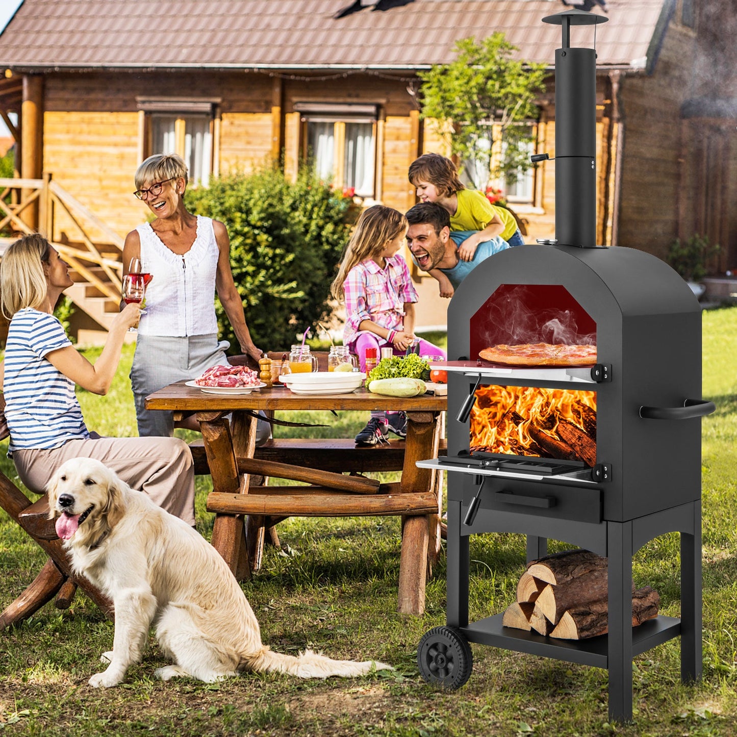 Portable Pizza Oven with Built-in Thermometer and Ash Collection Drawer