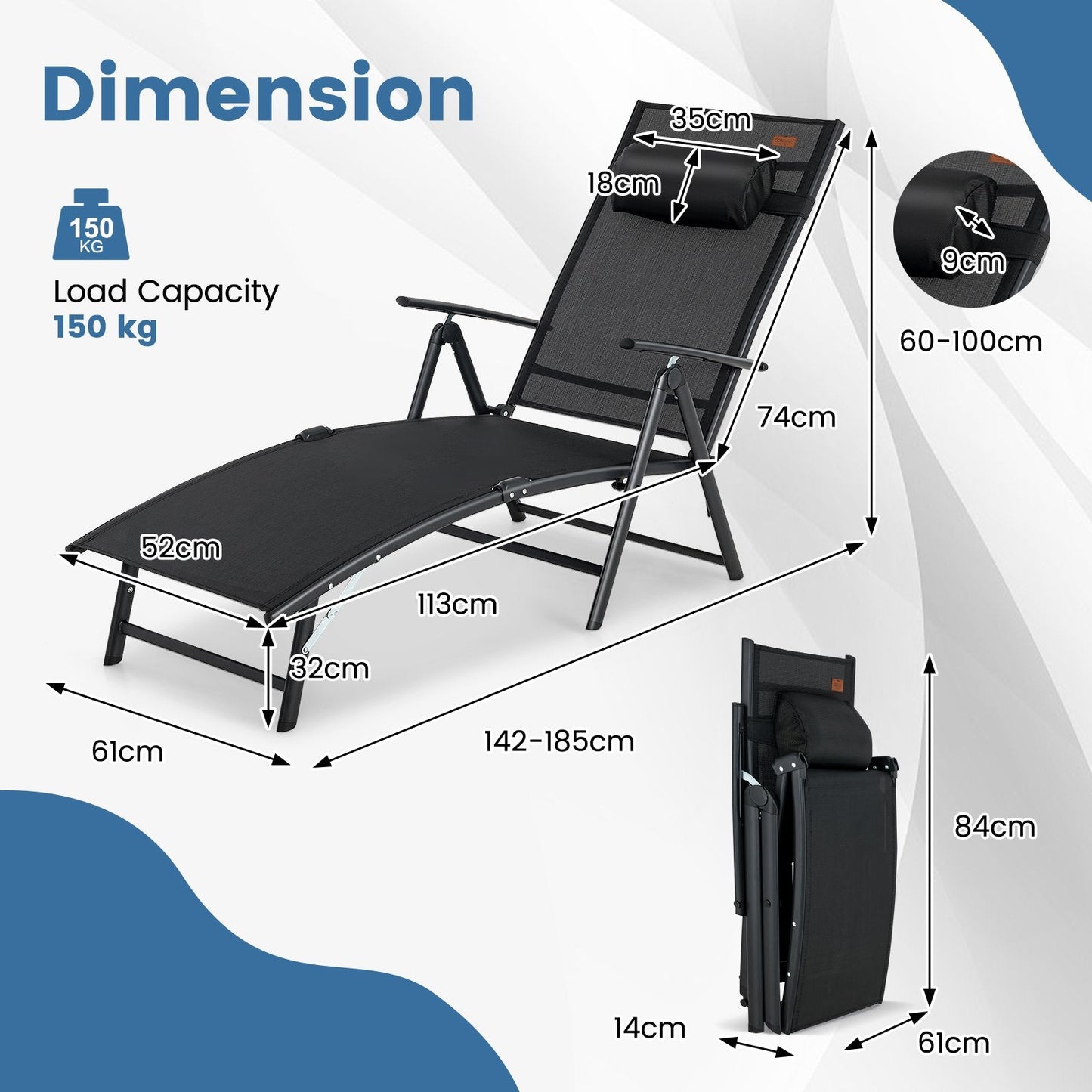 Portable Reclining Chair with 7 Adjustable Position Backrest and Handrail-Black