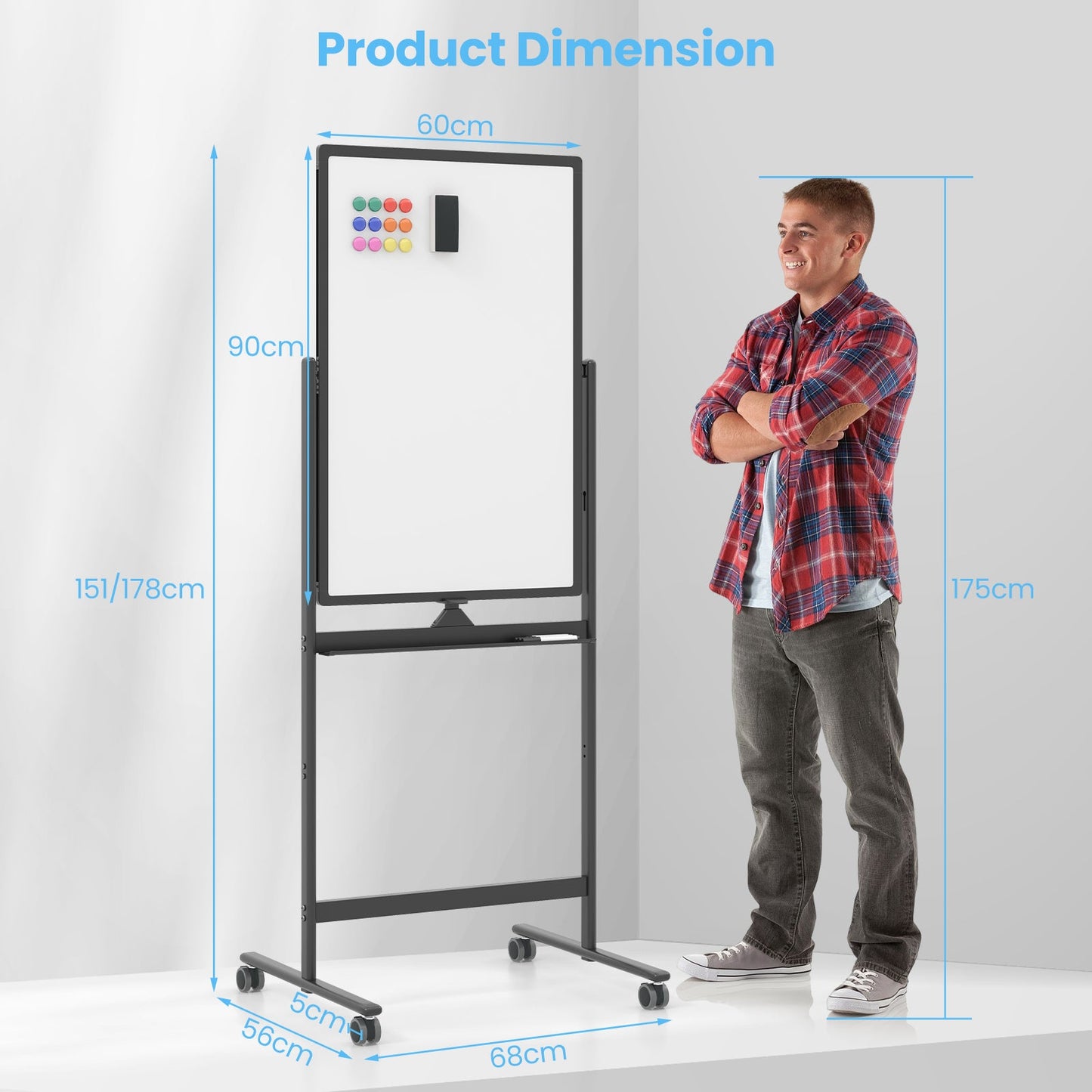Reversible Rolling White Board with Black Markers and Board Eraser-Black-S