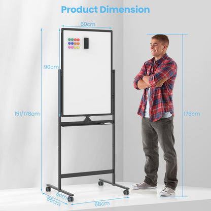Reversible Rolling White Board with Black Markers and Board Eraser-Black-S