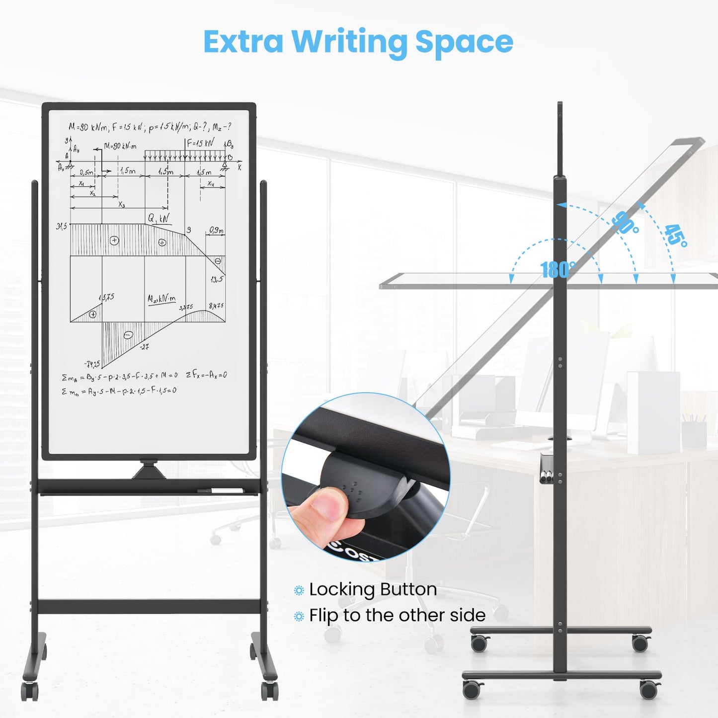 Reversible Rolling White Board with Black Markers and Board Eraser-Black-M