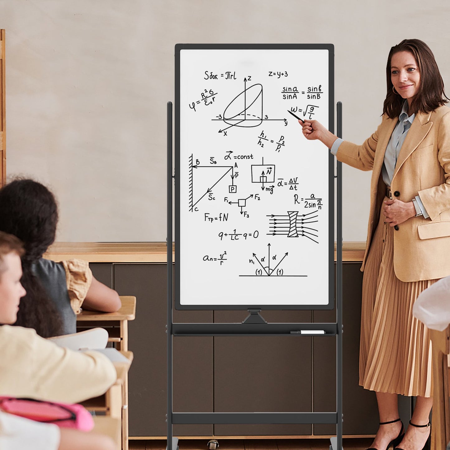 Reversible Rolling White Board with Black Markers and Board Eraser-Black-M