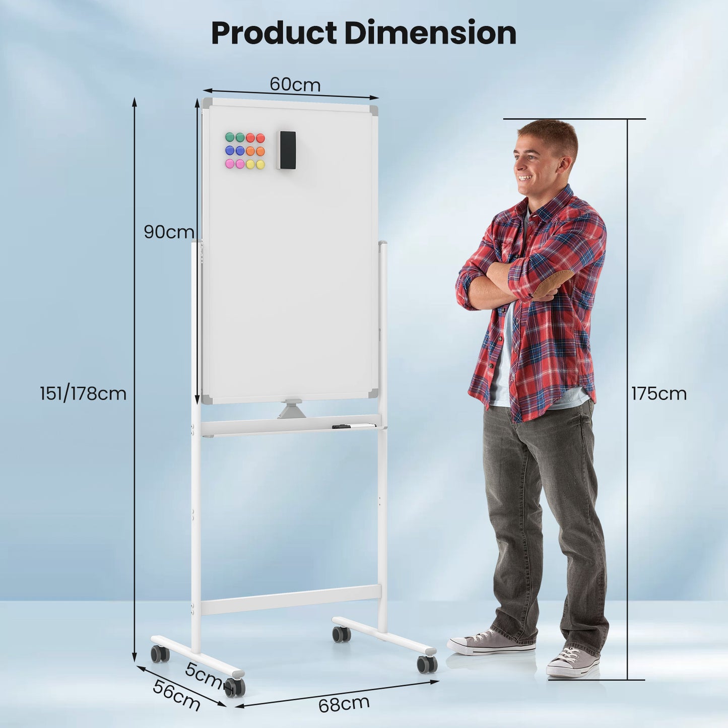 Reversible Rolling White Board with Black Markers and Board Eraser-White-S