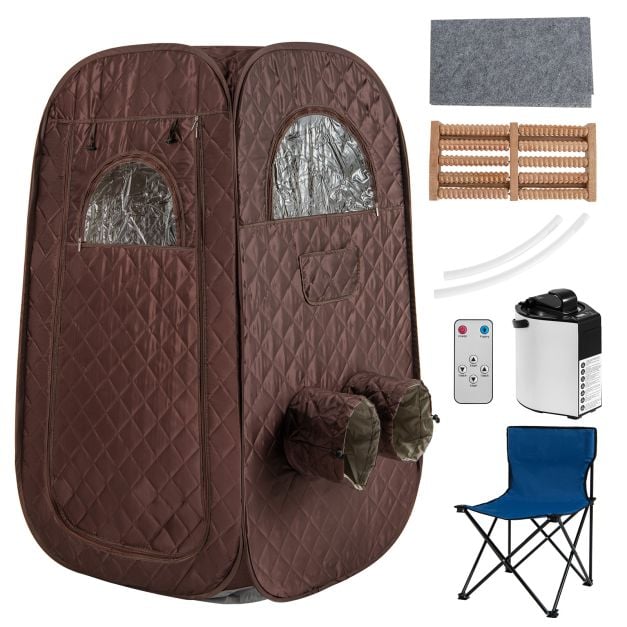 Portable Steam Sauna Tent with 1000W 3L Steam Generator and Chair-Brown