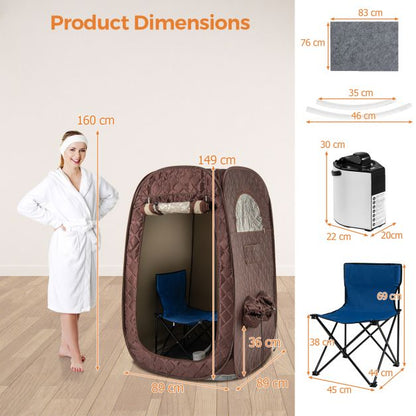 Portable Steam Sauna Tent with 1000W 3L Steam Generator and Chair-Brown