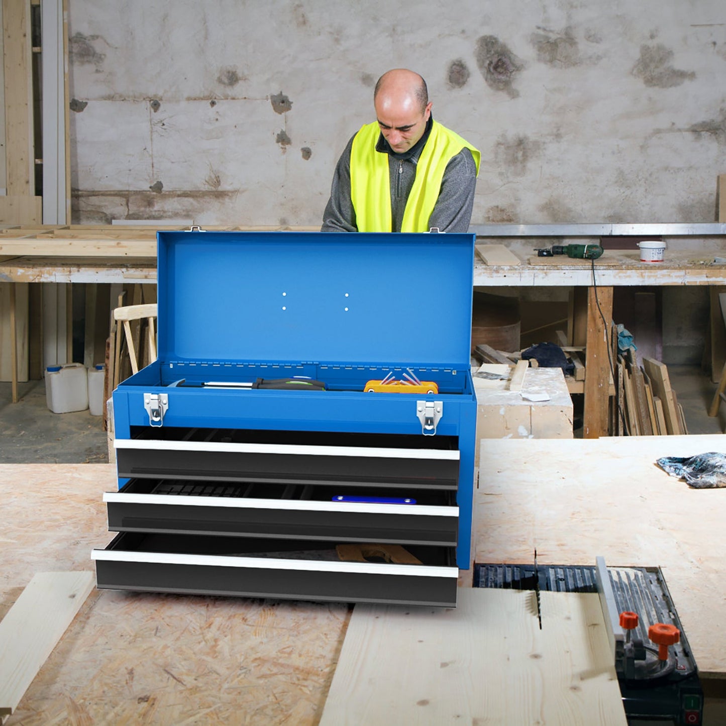 Portable Steel Tool Box with Top Storage Tray and Double Latch System-Blue