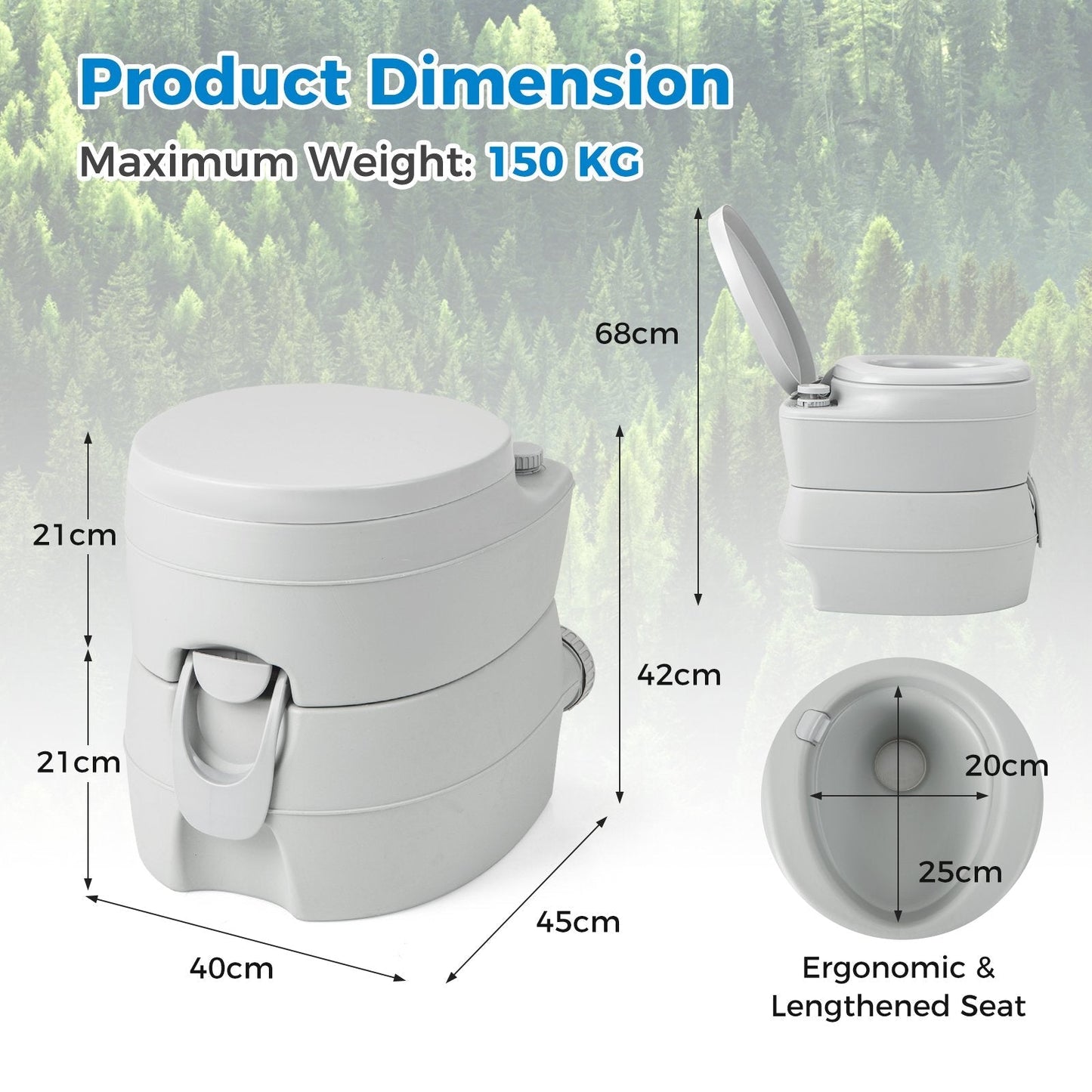 Portable Toilet with 20 L Detachable Waste Tank-Grey