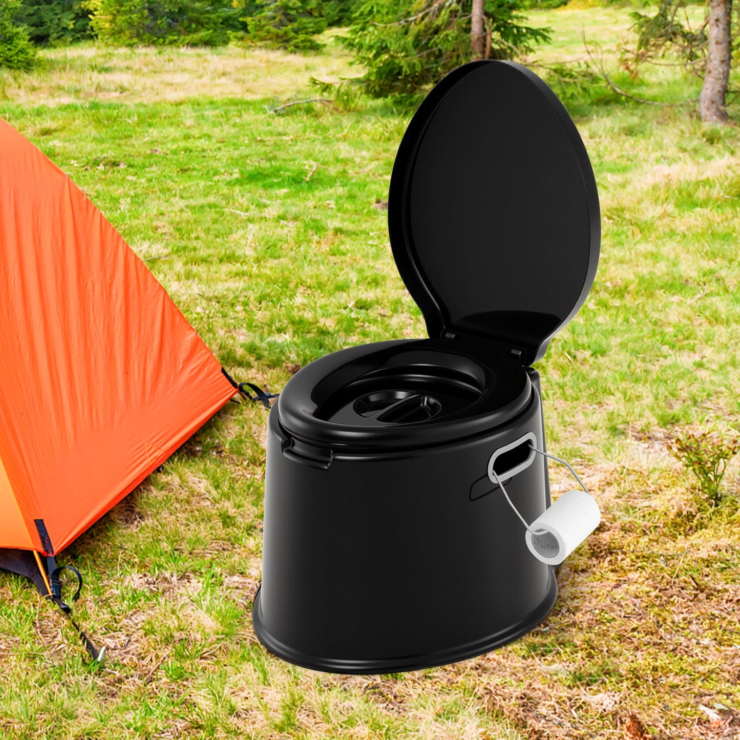 Portable Travel Toilet with Detachable Inner Bucket and Removable Toilet Paper Holder-Black