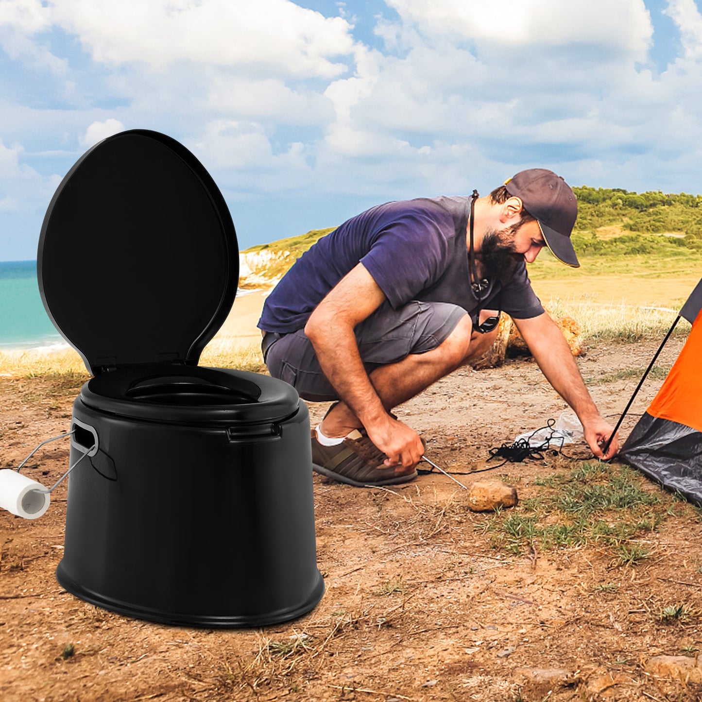 Portable Travel Toilet with Detachable Inner Bucket and Removable Toilet Paper Holder-Black