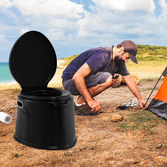 Portable Travel Toilet with Detachable Inner Bucket and Removable Toilet Paper Holder-Black