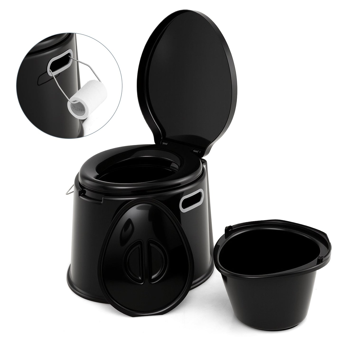 Portable Travel Toilet with Detachable Inner Bucket and Removable Toilet Paper Holder-Black