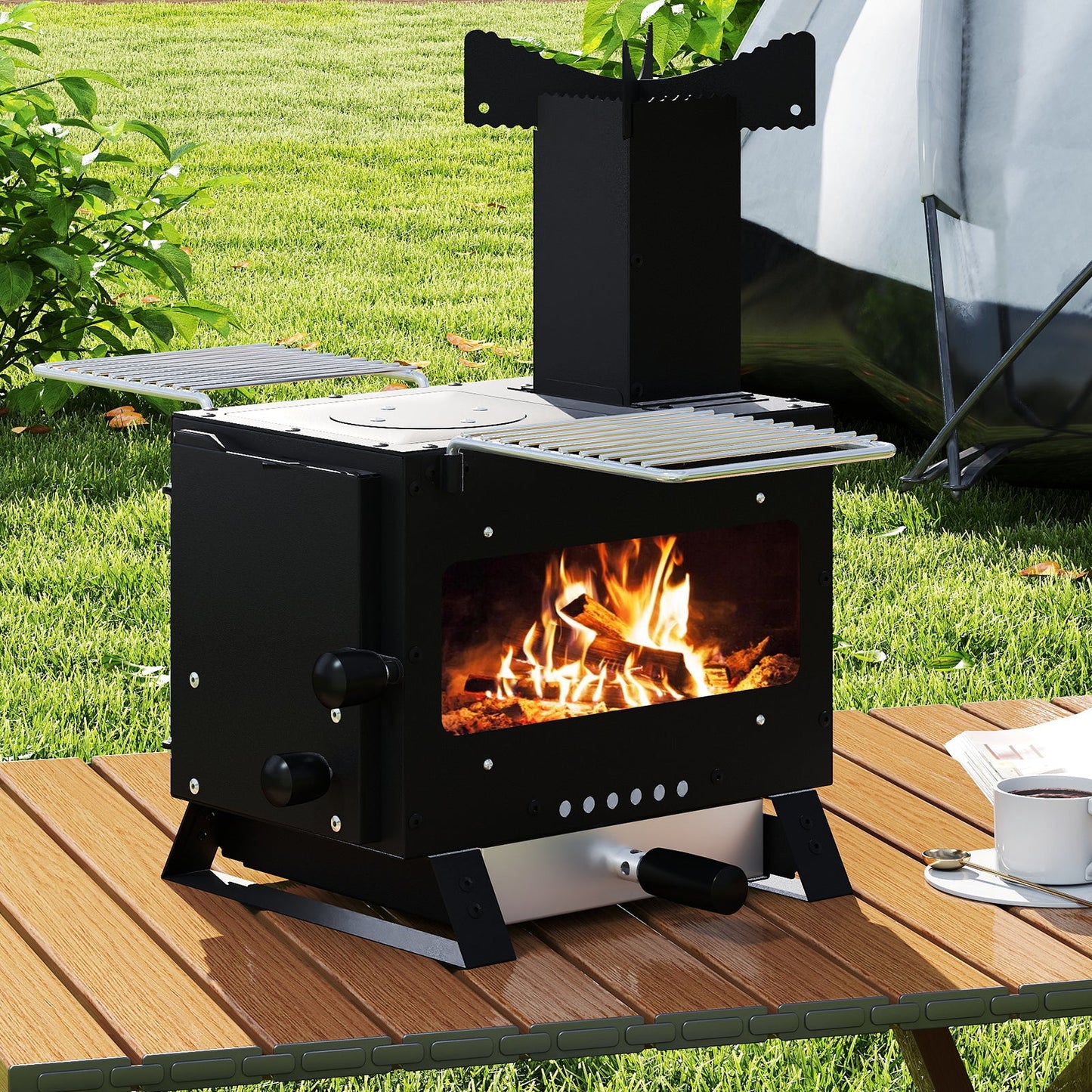 Portable Wood Burning Stove Mini Heater Burner with Pot Rack-Silver