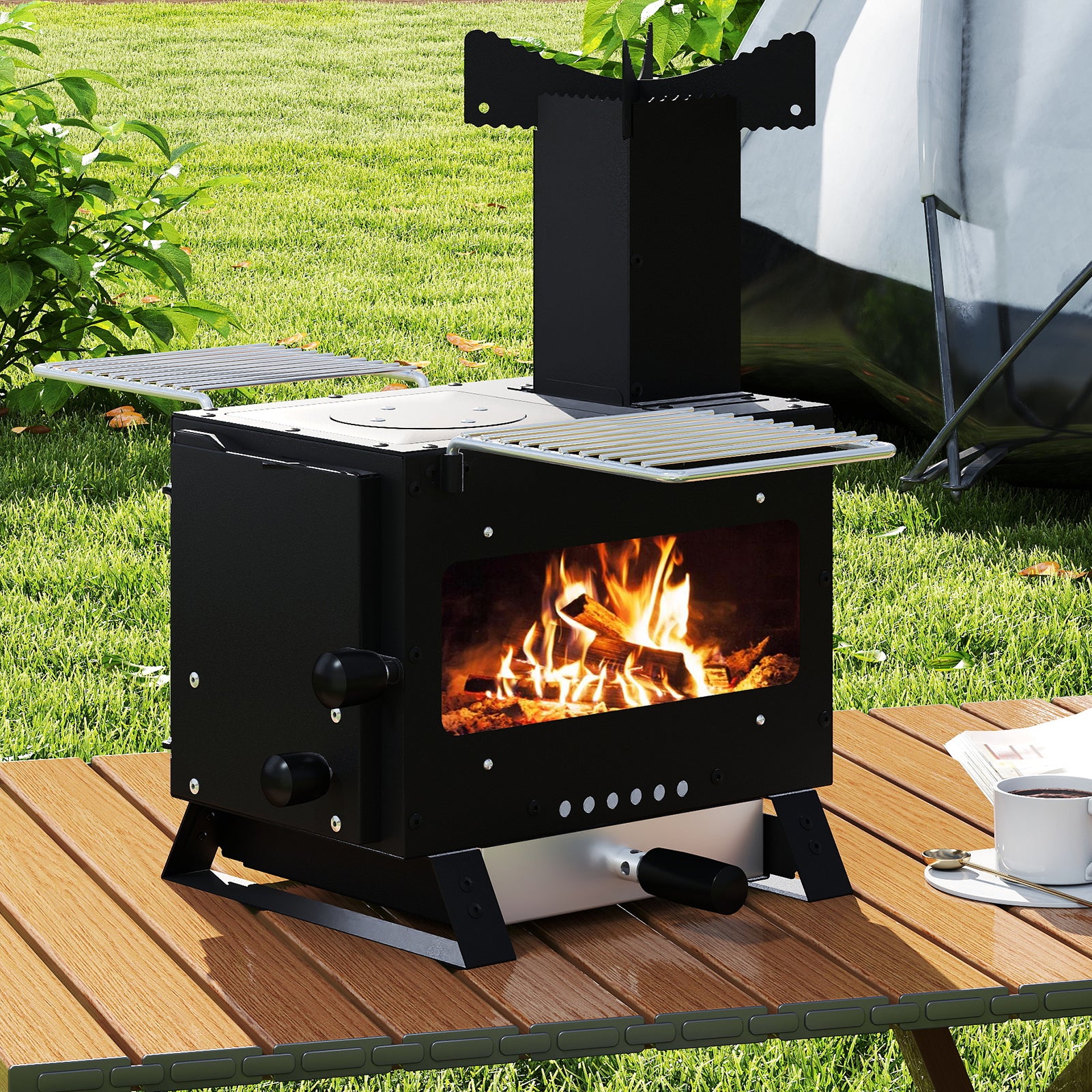 Portable Wood Burning Stove Mini Heater Burner with Pot Rack-Silver