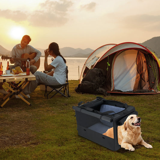 Foldable Dog Crate with Openings and Window Mesh Inner Basket-M