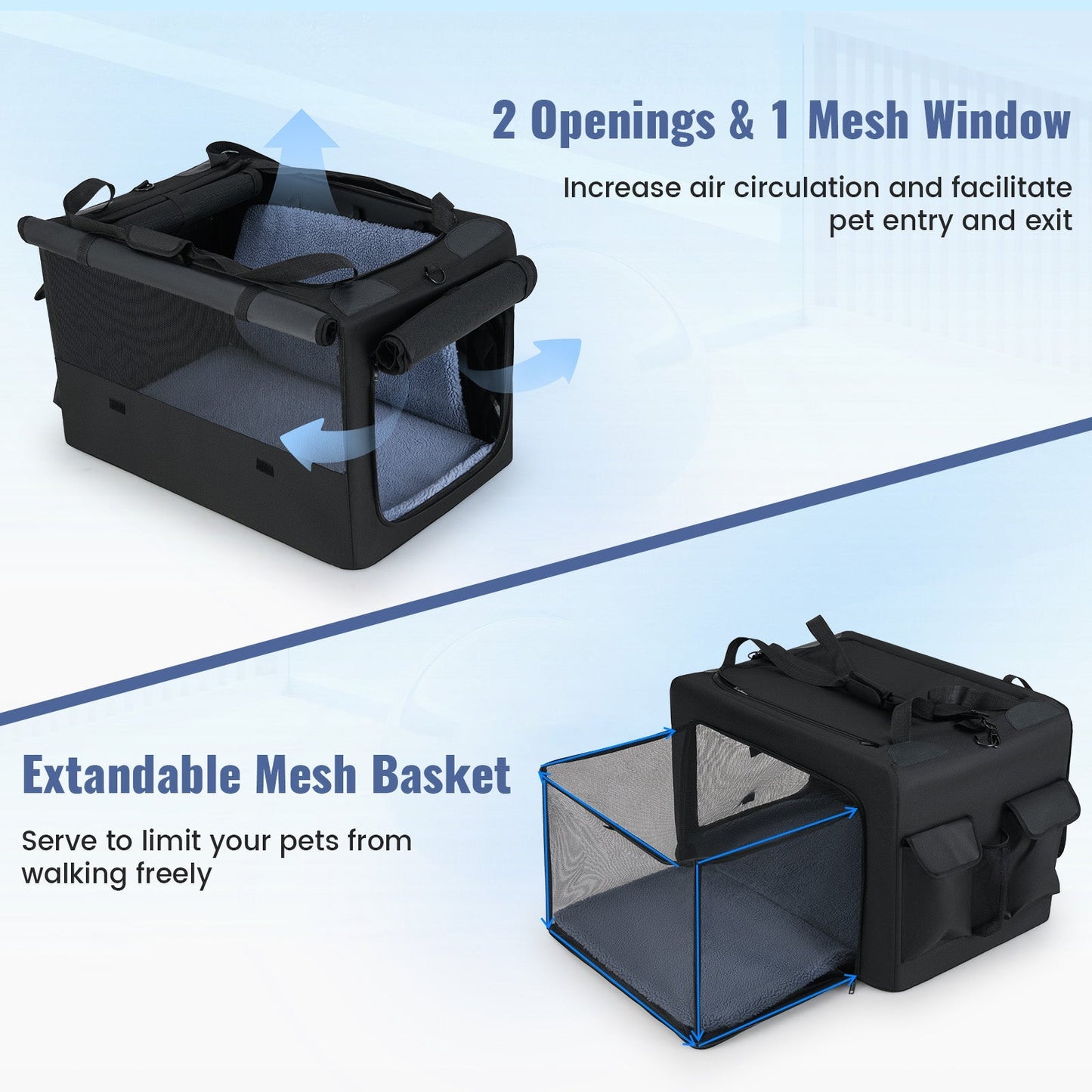 Foldable Dog Crate with Openings and Window Mesh Inner Basket-M