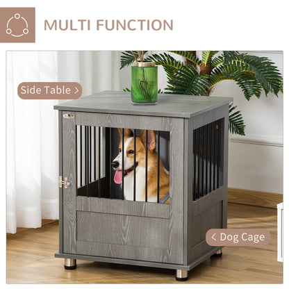 PawHut Dog Crate Furniture, Wooden End Table, Small Pet Kennel with Magnetic Door Indoor Crate Animal Cage, Grey