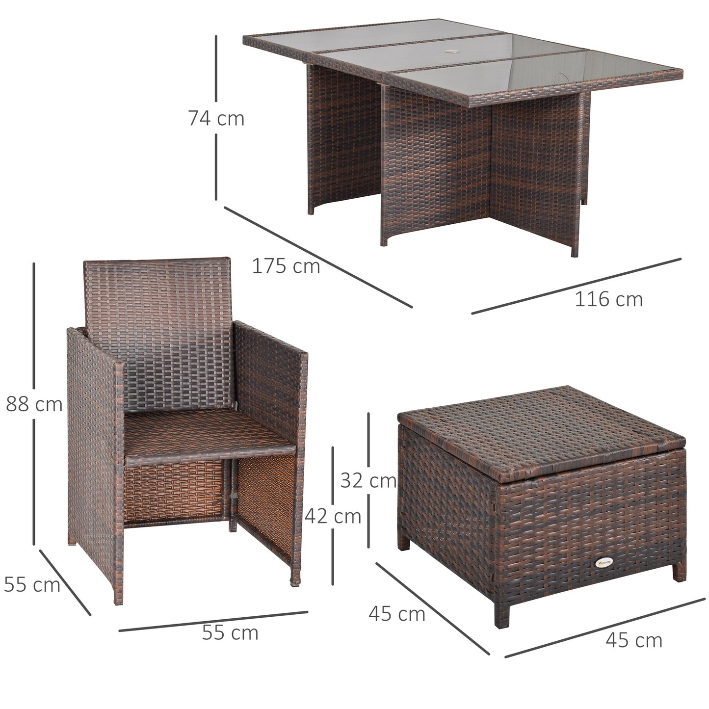 Outsunny 10 Seater Rattan Cube Garden Furniture Set with Parasol Hole, Rattan Dining Set with Cushions, Outdoor Dining Table and Chairs with Rectangular Glass Top Table for Patio, Mixed Brown