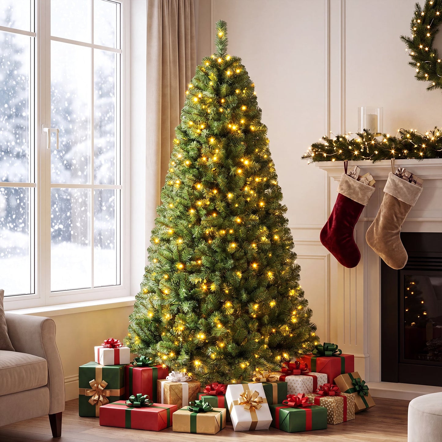 Pre-Lit Christmas Tree with 350 LED Lights & 9 Modes and Remote for Christmas-183 CM