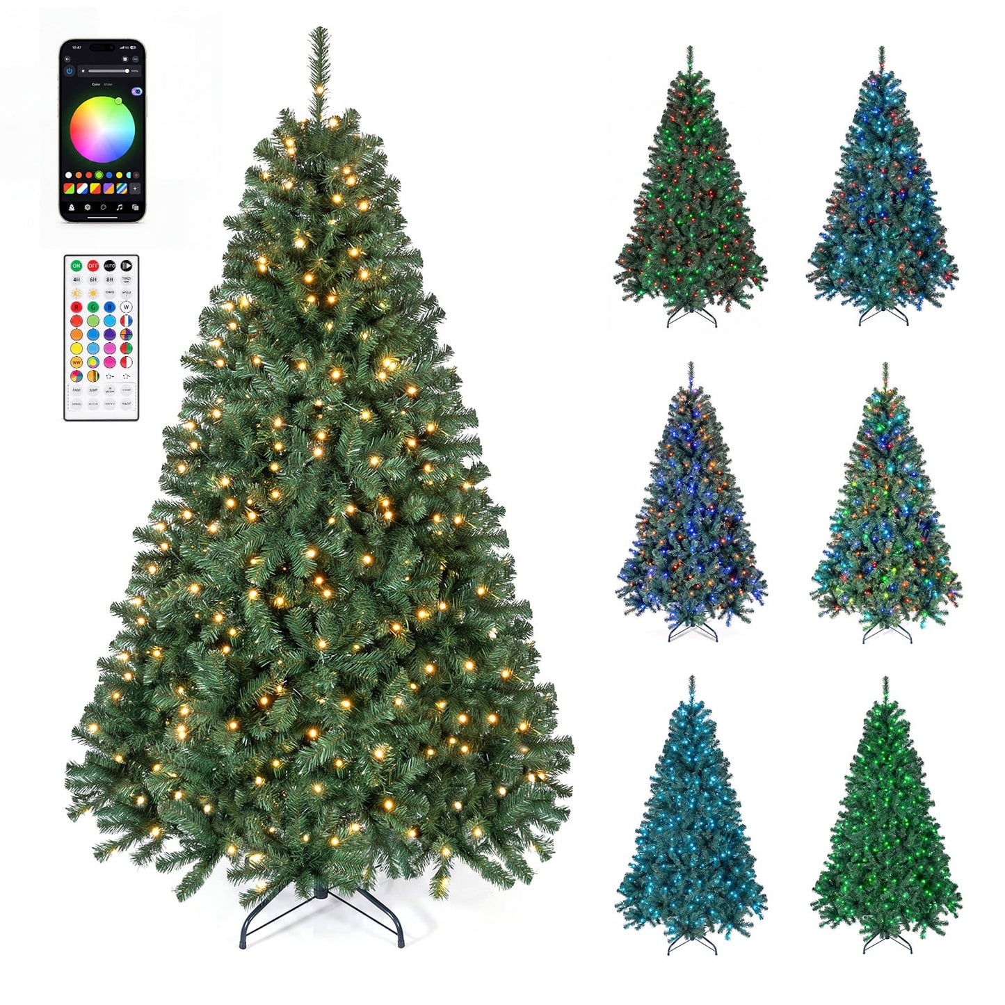 Pre-lit Christmas Tree with 1072 Branch Tips and 300 Multifunctional White and Multi-color RGB Lights-180 cm