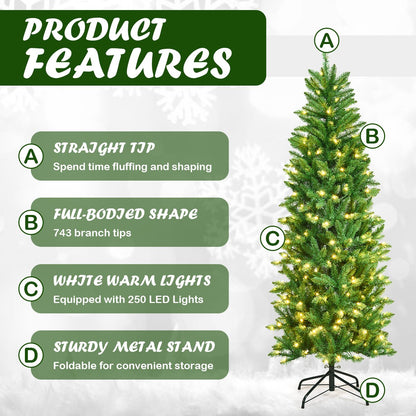 Pre-lit Artificial Pencil Christmas Tree with Warm White UL-listed Lights-6FT