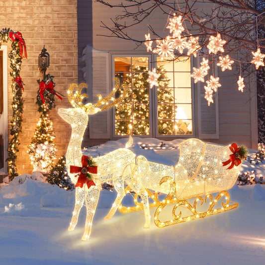 Pre-lit Christmas Reindeer and Santa's Sleig with 215 Warm White Bulbs