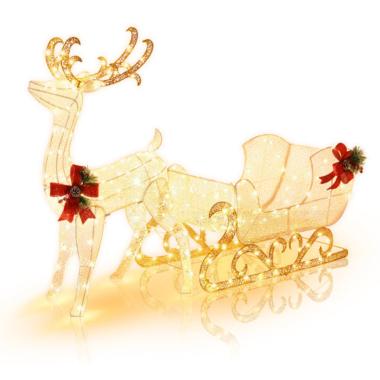 Pre-lit Christmas Reindeer and Santa's Sleig with 215 Warm White Bulbs