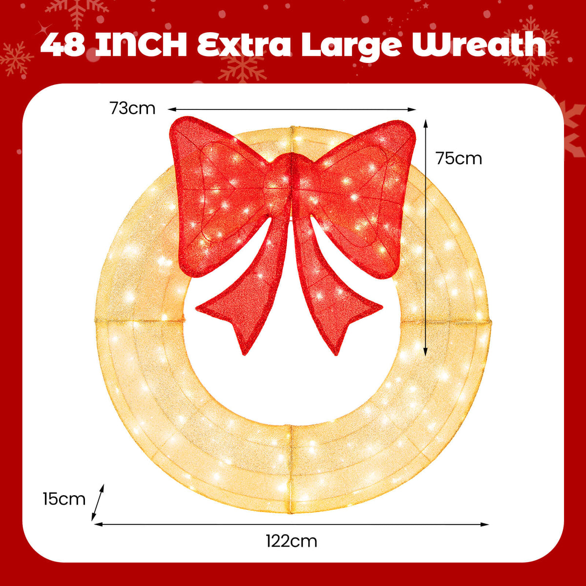 Pre-Lit Christmas Wreath with 200 LED Lights and Red Bow