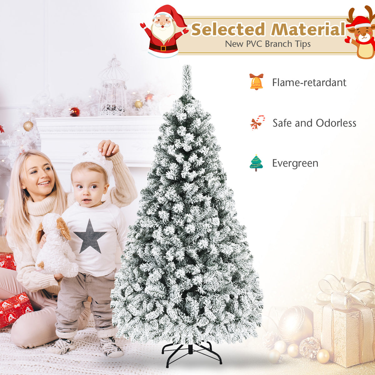 Pre-Lit Flocked Snow Hinged Pine Tree with Solid Metal Stand
