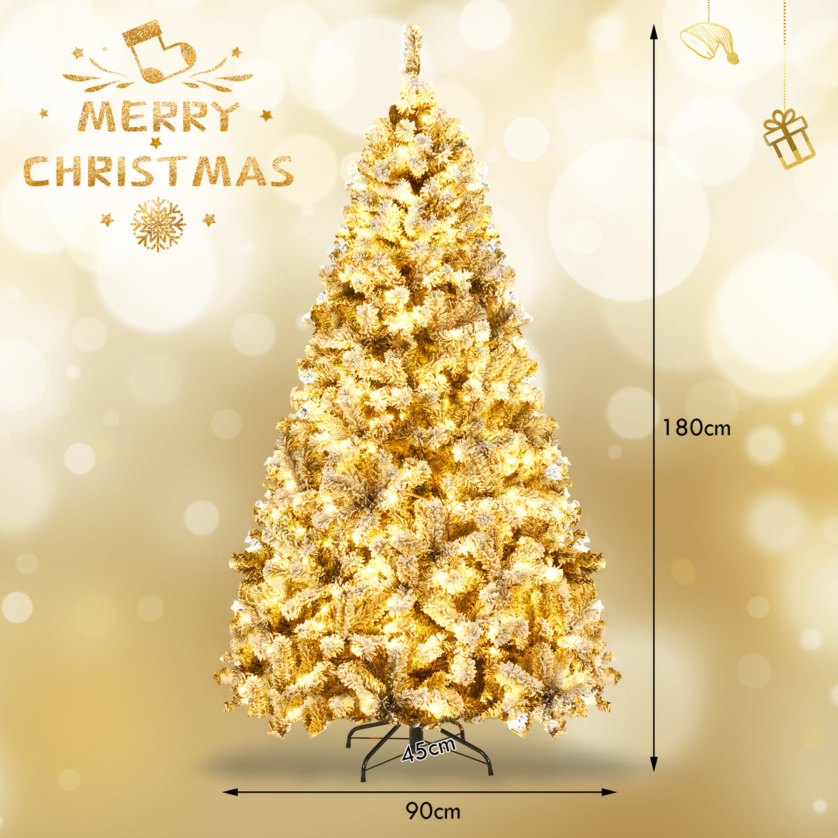 Pre-Lit Flocked Snow Hinged Pine Tree with Solid Metal Stand