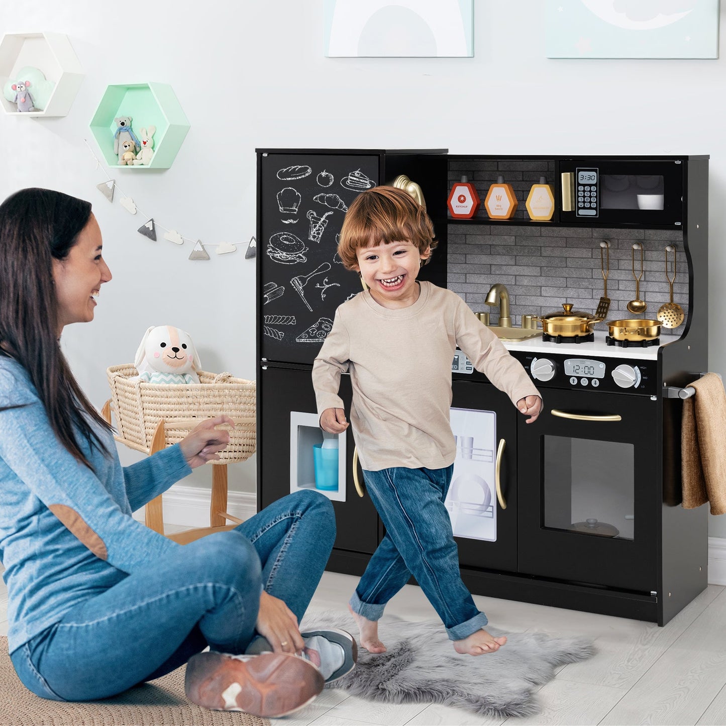 Toddler Pretend Kitchen Playset with Accessories and Simulated Sounds-Black
